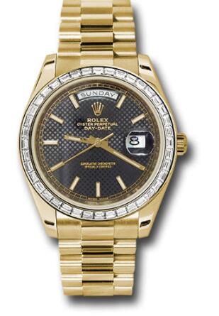 Replica Rolex Yellow Gold Day-Date 40 Watch 228398TBR Bezel Black Diagonal Motif Index Dial President Bracelet